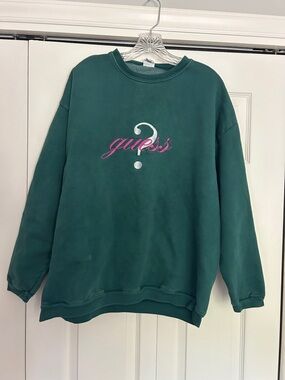 GUESS Green Logo Crewneck Sweatshirt with Pink purple embroidery L vintage